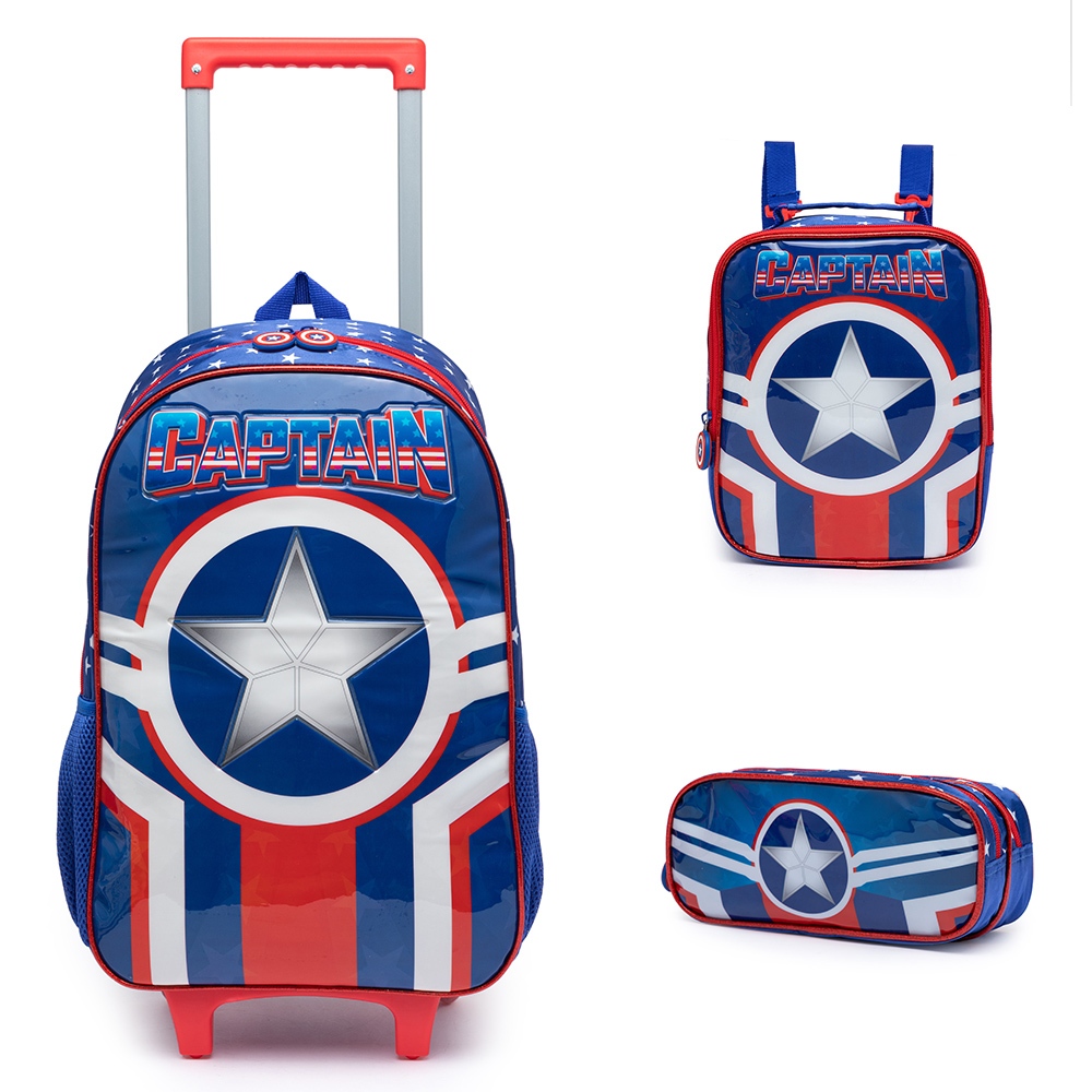 Kit Mochila Escolar Com Rodinhas Polo One Infantil Masculina Pequena + Lancheira Térmica + Estojo Organizador