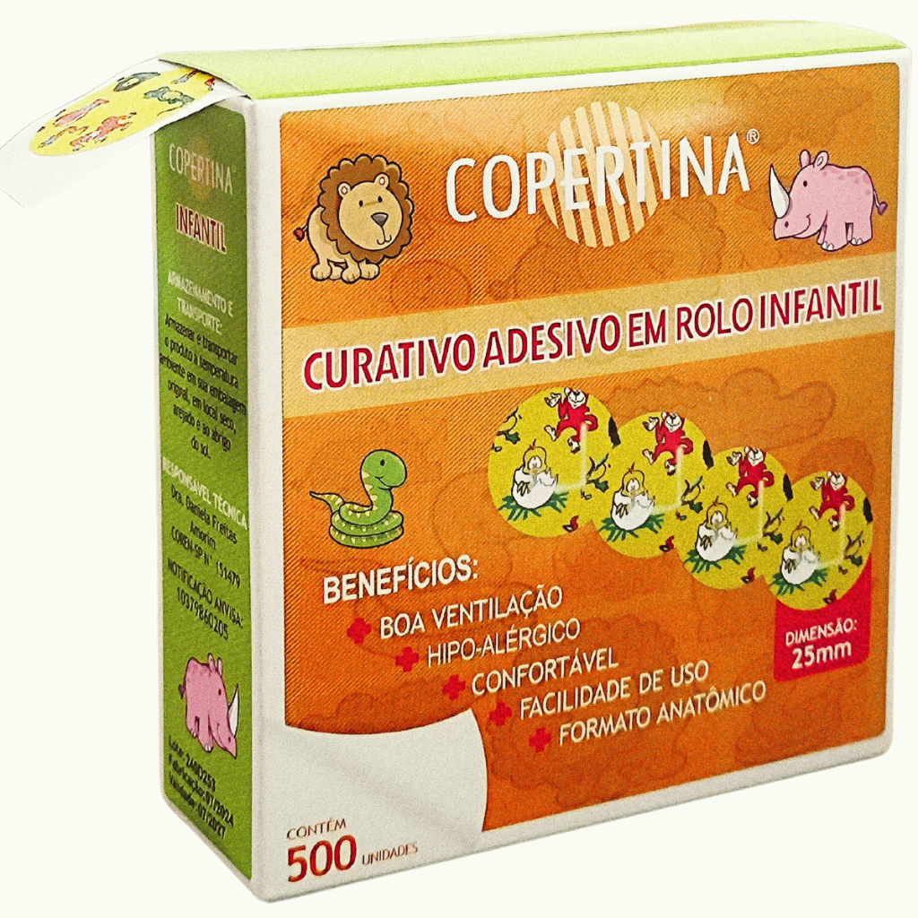Curativo Redondo Adesivo Infantil Pós Coleta de Sangue - Rolo Estampado Animais C/500 Unidades
