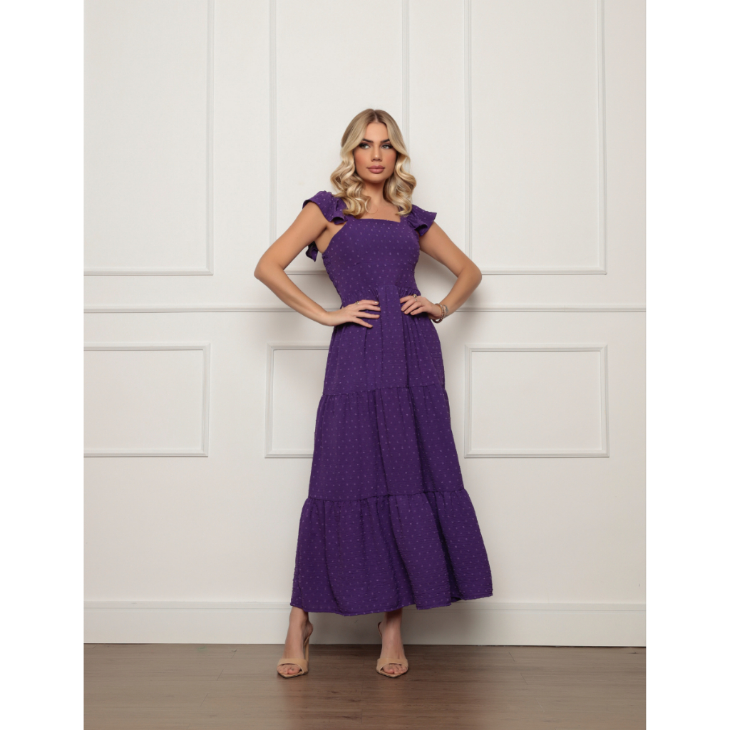 Vestido Longo Feminino Luxo 3 Maria Franzido com Babada na Manga Lastex nas Costas