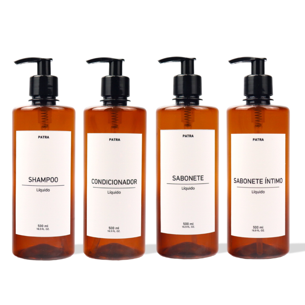 kit Banho Frasco Âmbar  4pçs Shampoo Condicionador Sabonete líquido e Sabonete íntimo Dispenser 500ml