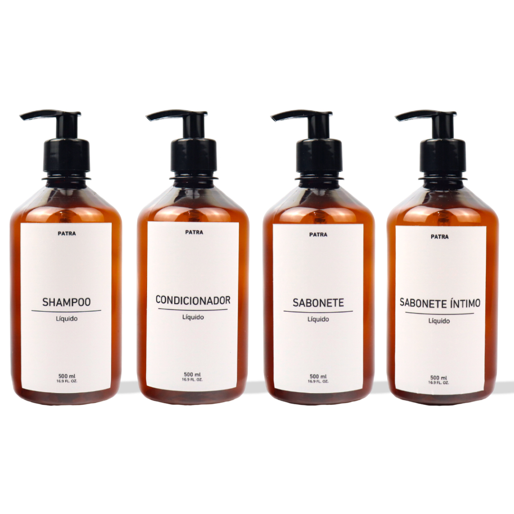 kit Banho Frasco Âmbar  4pçs Shampoo Condicionador Sabonete líquido e Sabonete íntimo Dispenser 500ml em Oferta na Shopee