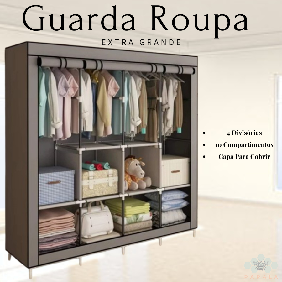 Guarda Roupa Roupeiro Casal Duplo 4 Divisórias Grande Com Capa 10 Compartimentos Cabideiro