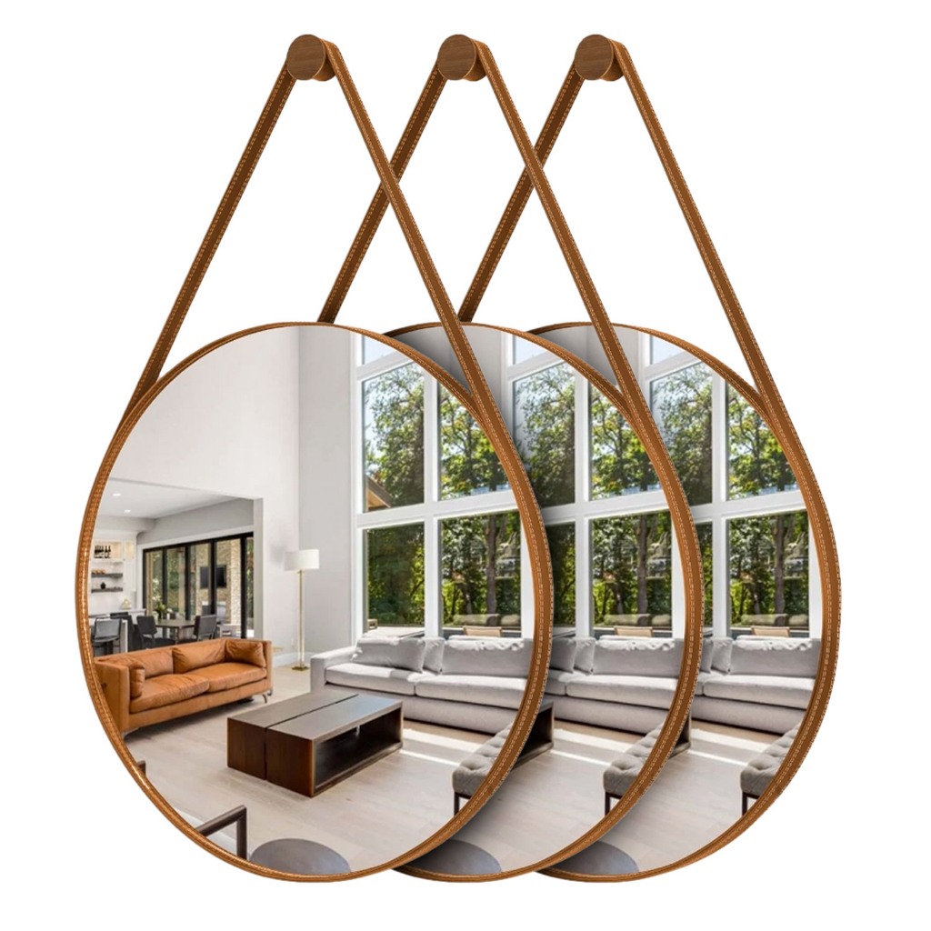 Kit 3 Espelhos Redondos Adnet Moderno Lavabo Quarto Sala Banheiro Alça Em Couro 60cm C/ Pino Suporte em Oferta na Shopee
