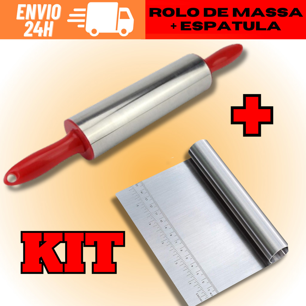 KIT Rolo de Massa Giratório De Inox 37,5cm + Espátula Tubular De Inox 15cm Envio Rápido