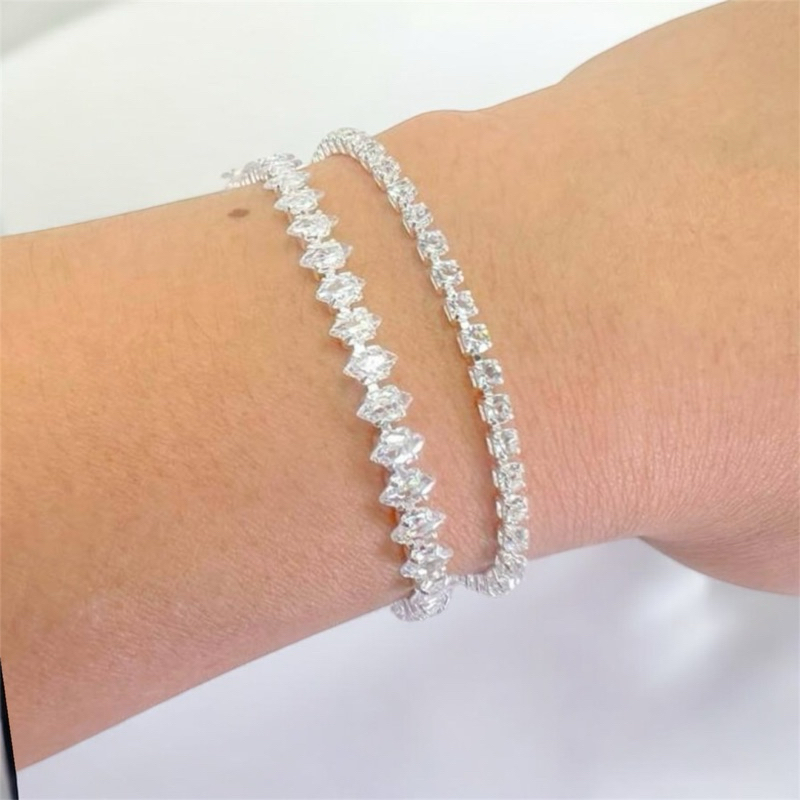 Kit 2 Pulseiras cravejadas Riviera Navete Cristal a Prata 925 Ouro 18k Zirconia