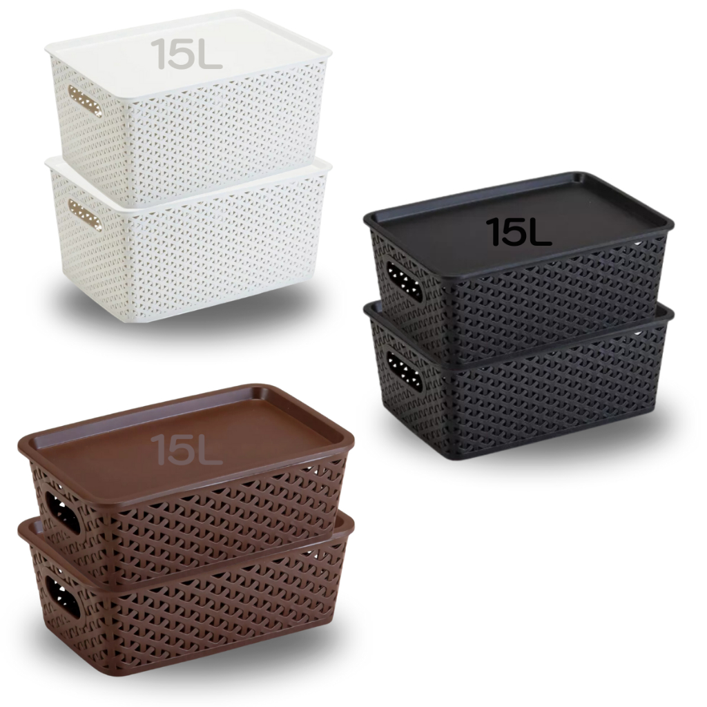 Kit 1, 2, 3 ou 4 Caixas Cestos Organizador 15l c/ Tampa Ratan Empilhável