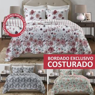 Colcha Cobre Leito King Dupla Face C/ Porta Travesseiro Bordado Costurado Boutis Attuale Corttex em Oferta na Shopee