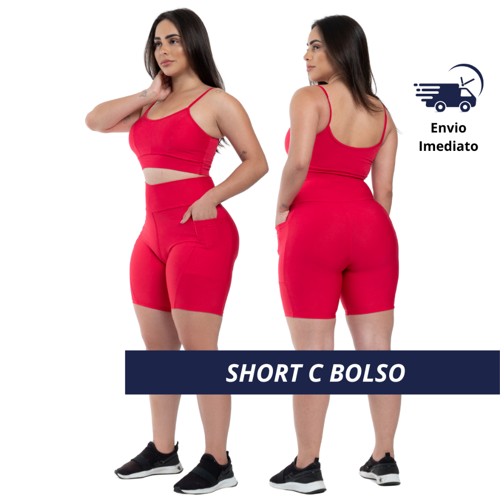 Short Feminino Academia Cintura Alta Bolso Lateral Suplex Fitness Treino Musculação Caminhada Corrida