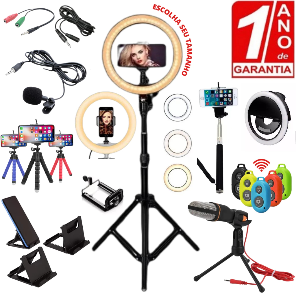 Kit Youtuber Podcast Profissional Ring Light Normal e Colorida RGB Tripé Pedestal Celular Microfone  Mesa Gravação Live