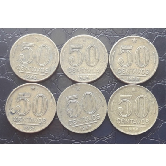 Lote 6 Moedas 50 centavos Presidente Dutra (1948 - 1949 - 1950 - 1951 - 1953 - 1954).