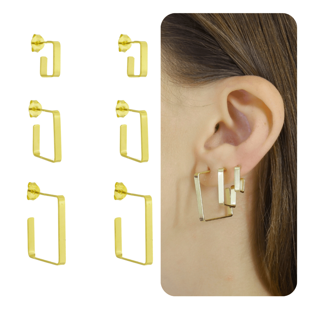 Kit Brinco Trio Argola Quadrada Banhada a Ouro 18K Feminino Moda Antialérgico