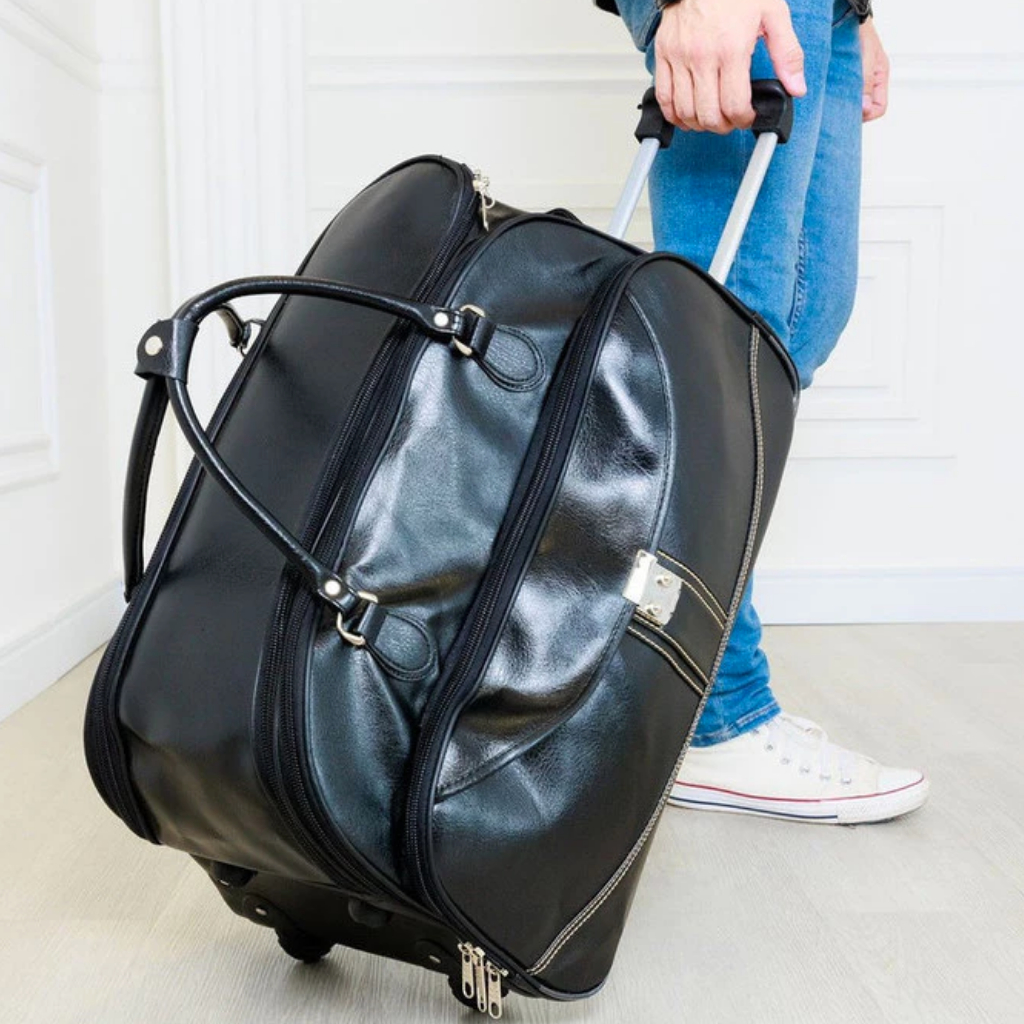 Bolsa Mala De Viagem Couro Com Rodinha De Mão Reforçada Premium Grande Alça Reforçada Preta Promoção Desconto Férias Boa