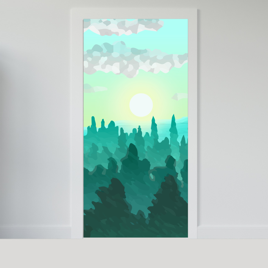 Adesivo para Portas de Madeira ou Vidro Papel de Parede Decoração - PAISAGEM AQUARELA ARVORE