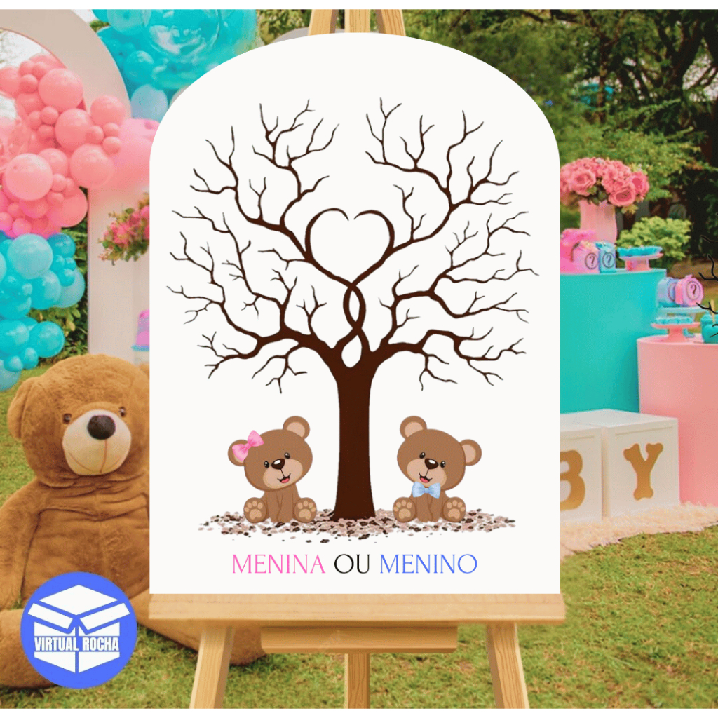Quadro Decorativo Placa Ponta Redonda Chá Bebe Revelação Ursinhos Azul Rosa Menino Menina MDF