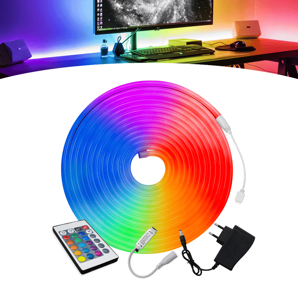 Fita Led RGB Neon 5m Siliconada Flexível 12v Ip65 Controle | Fonte Decoração Natal Bivolt 110v/220v