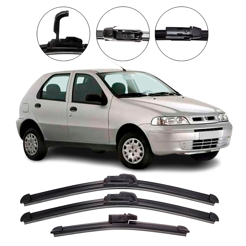 Kit de 3 Palhetas para Limpador Parabrisa Dianteiro e Traseiro para Fiat Palio G2 2001 até 2007