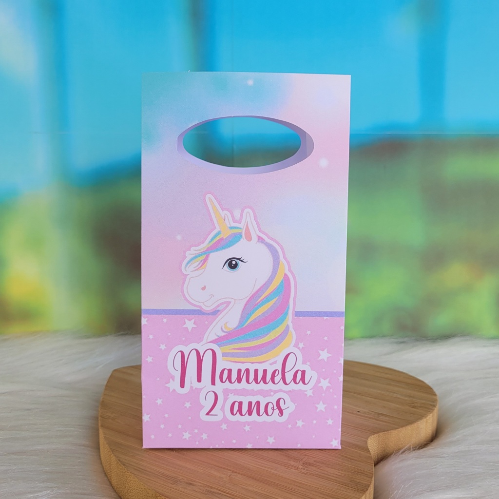 PEGUE E MONTE - Sacolinha Surpresa Personalizada UNICÓRNIO AQUARELA - Lembrancinha para festa