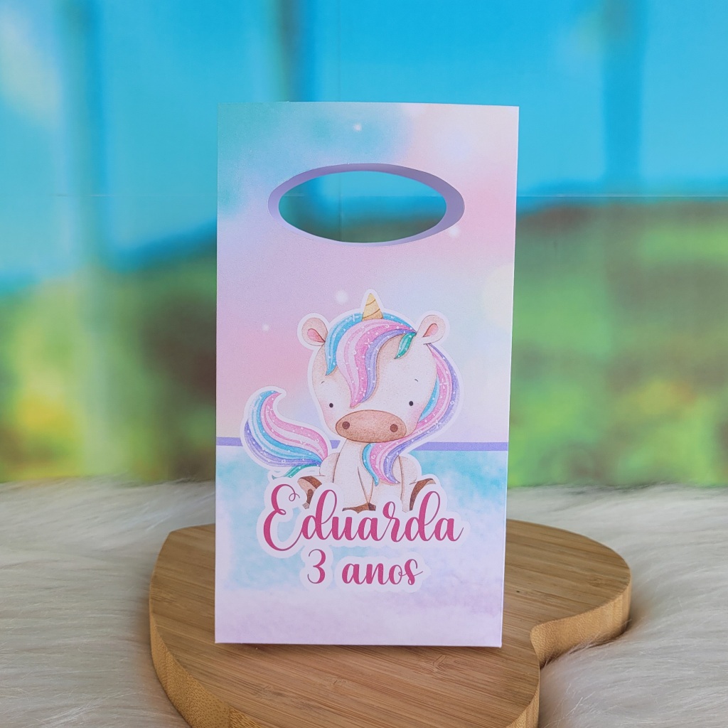 PEGUE E MONTE - Sacolinha Surpresa Personalizada UNICÓRNIO AQUARELA - Lembrancinha para festa