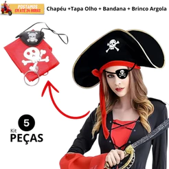 Kit Fantasia Pirata 4 peças - Chapéu + Bandana + Brinco + Tapa Olho Carnaval Cosplay Adereço Festas