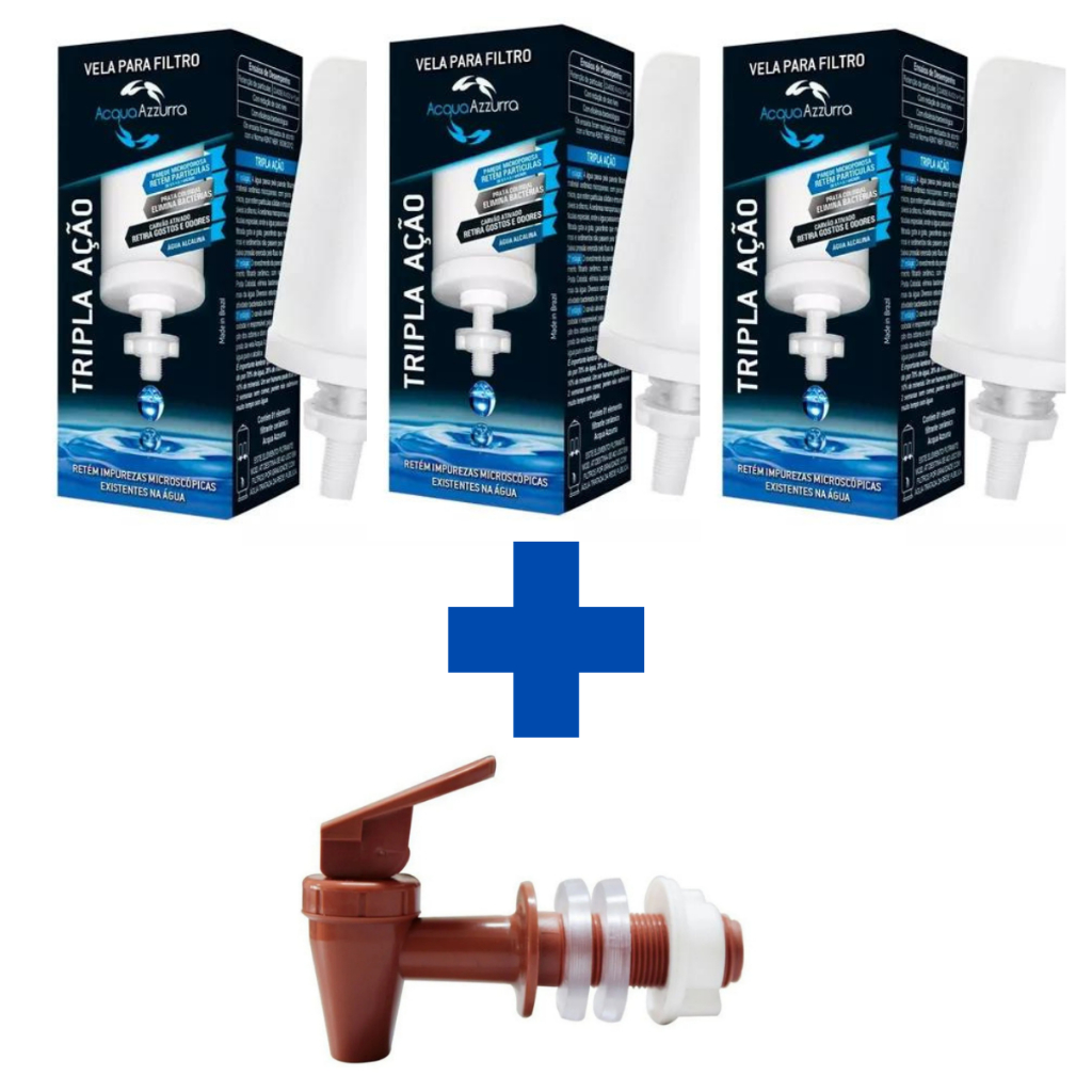 Kit 3 Velas Tripla Ação Acqua Azurra + 1 Torneira para Filtro de Barro Purificador de Água