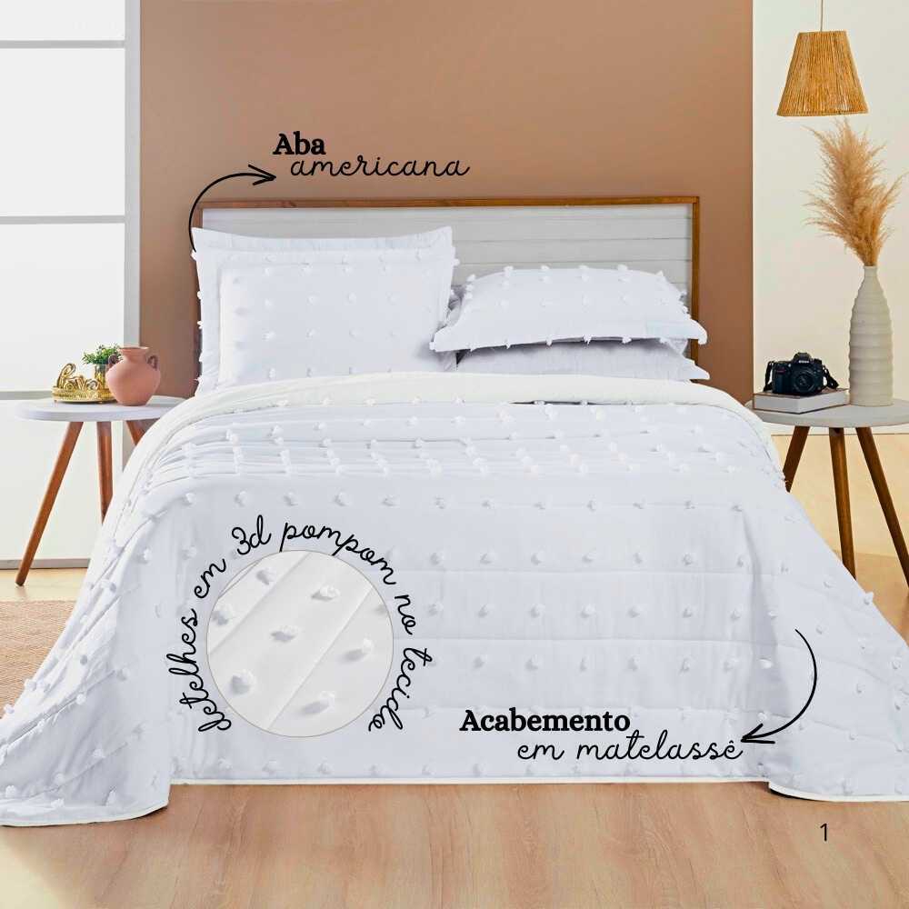 Kit Cobre Leito Colcha 3 Peças - Queen - 300 Fios Pecal - Dupla Face - Detalhes em 3d Pompom Poppy em Oferta na Shopee