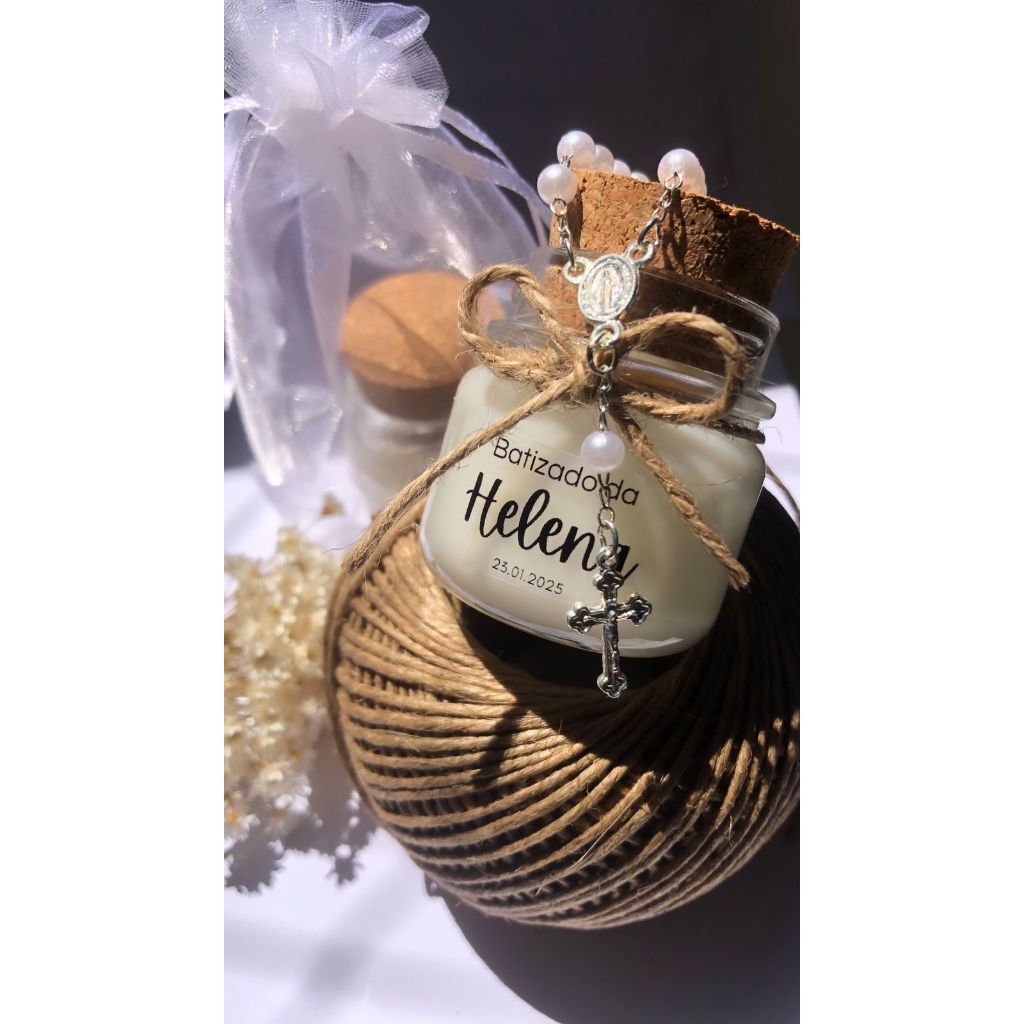 Kit  Velas Perfumadas + Mini Terço + saquinho Lembrancinha Batizado - Batismo -Primeira Eucaristia