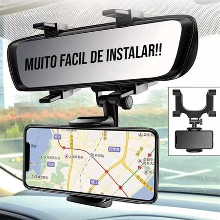 Suporte para Celular com Apoio no Retrovisor Veicular Extensível 360º Giratório Smartphone Carro