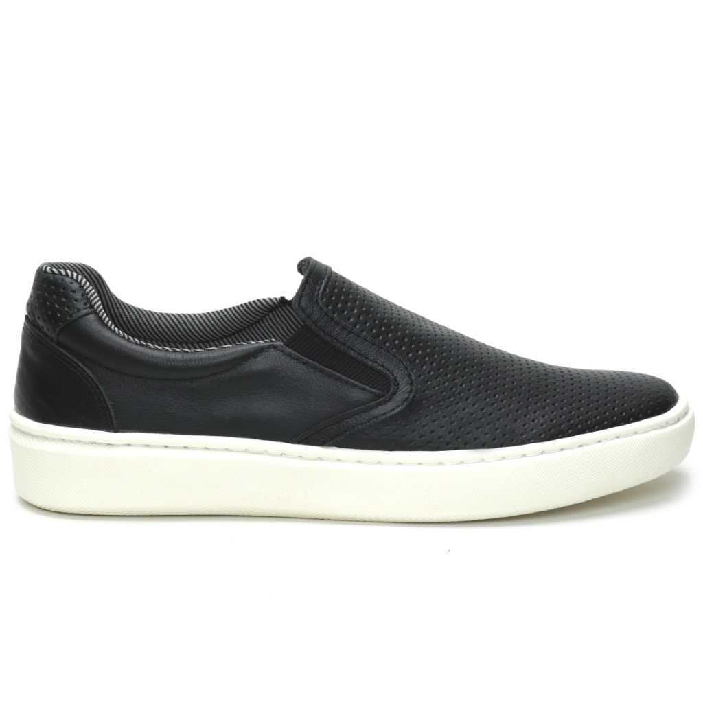 Sapatenis Tenis Masculino com Palmilha Gel de Couro Slip on Casual Moderno Preto