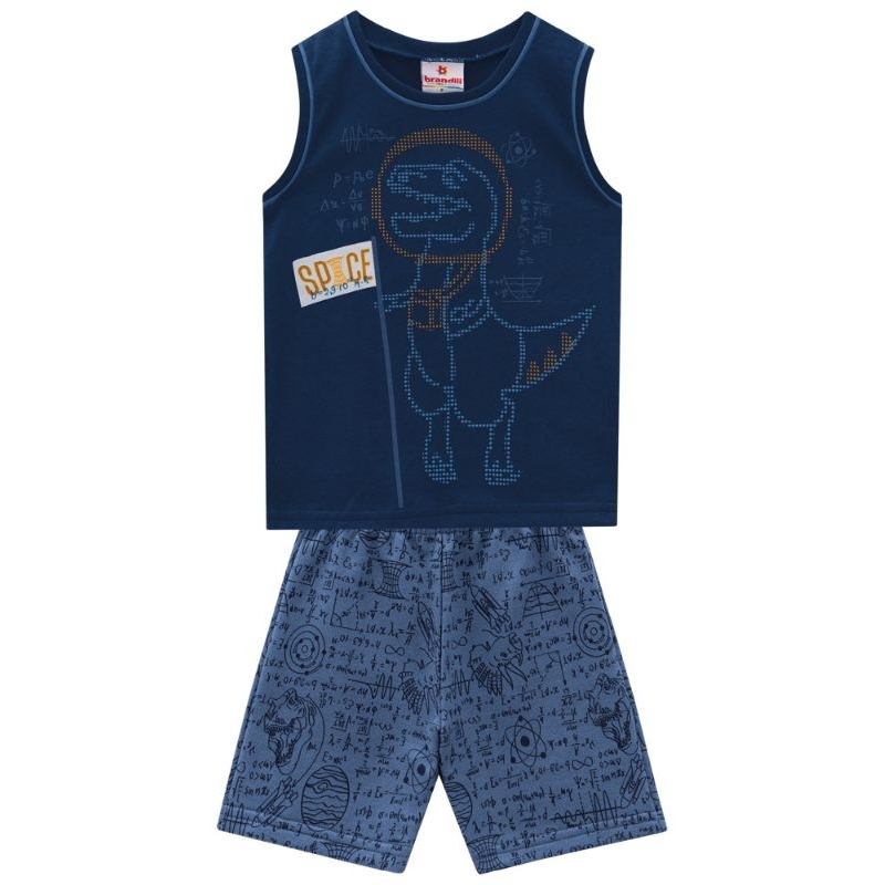 Conjunto Infantil Menino Dinossauro Brandili Camiseta Sem Manga E Bermuda Conforto Roupa Criança Dino Malha Premium