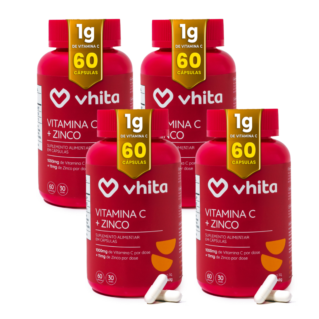 Vitamina C 1000mg e Zinco com Alta Concentração e Mais Imunidade 60 cáps Vhita ( 4 unidades)