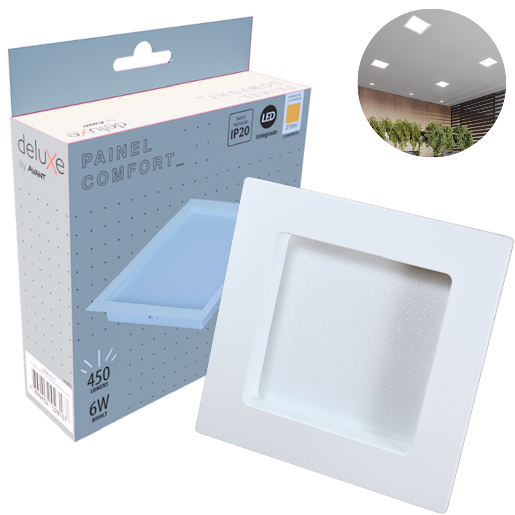 Painel Led Recuado 6w Quadrado 2700k Comfort Branco Quente 12cm 110V/220V Bivolt Branco Fosco Cód: 908020371 - Deluxe em Oferta na Shopee