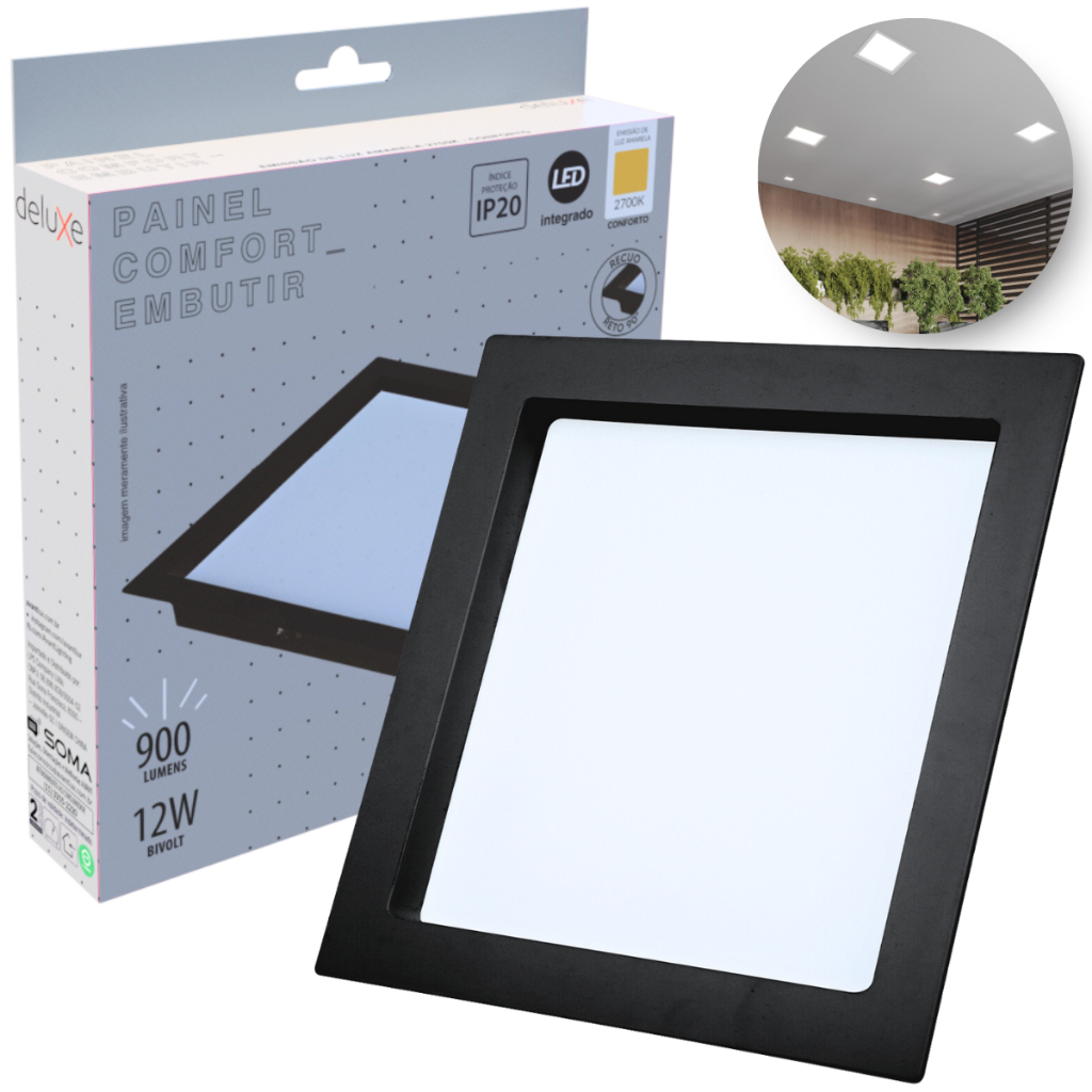 Painel Led Recuado 12w Quadrado 4000k Comfort Branco Neutro 17cm 110V/220V Bivolt Preto Fosco Cód: 908190876 - Deluxe em Oferta na Shopee