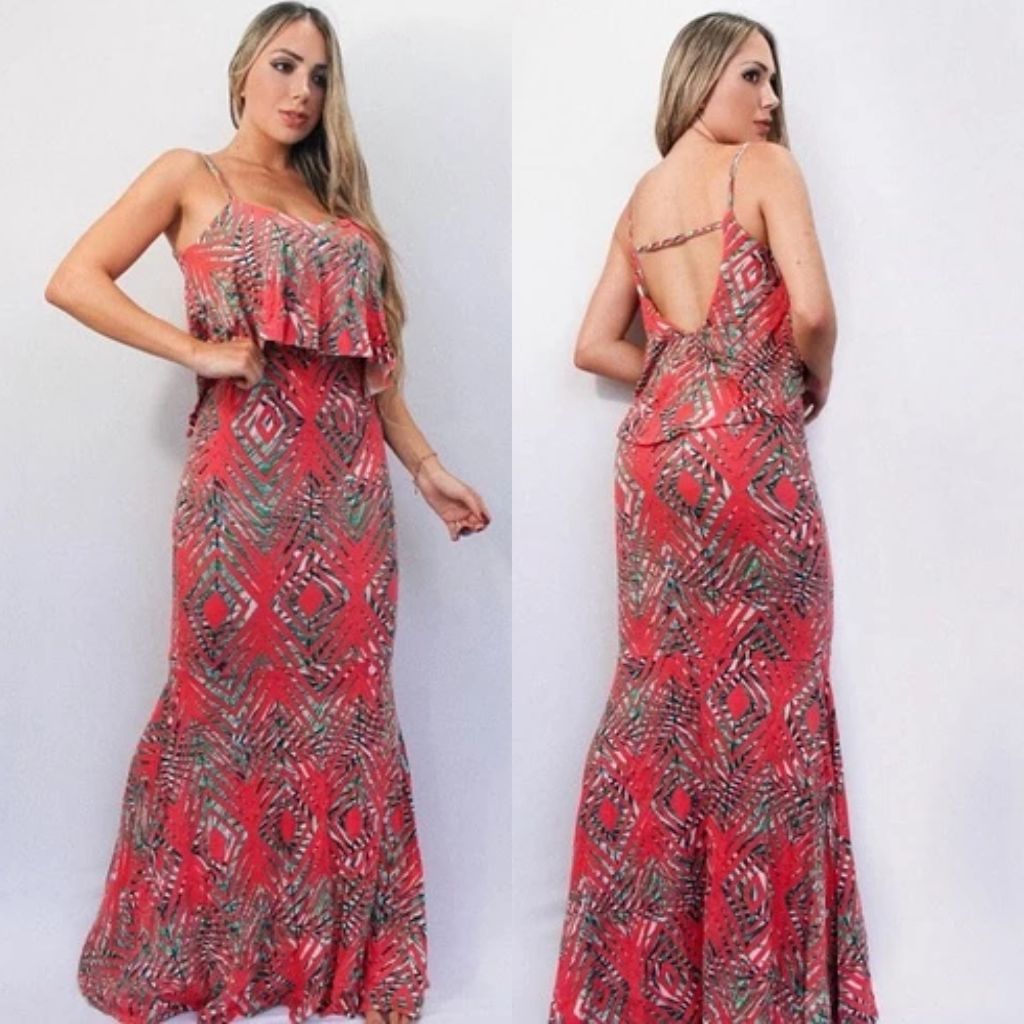 Vestido Longo Feminino Alça Decote U Sereia Estampado Justo Viscolycra Confortável Elegante