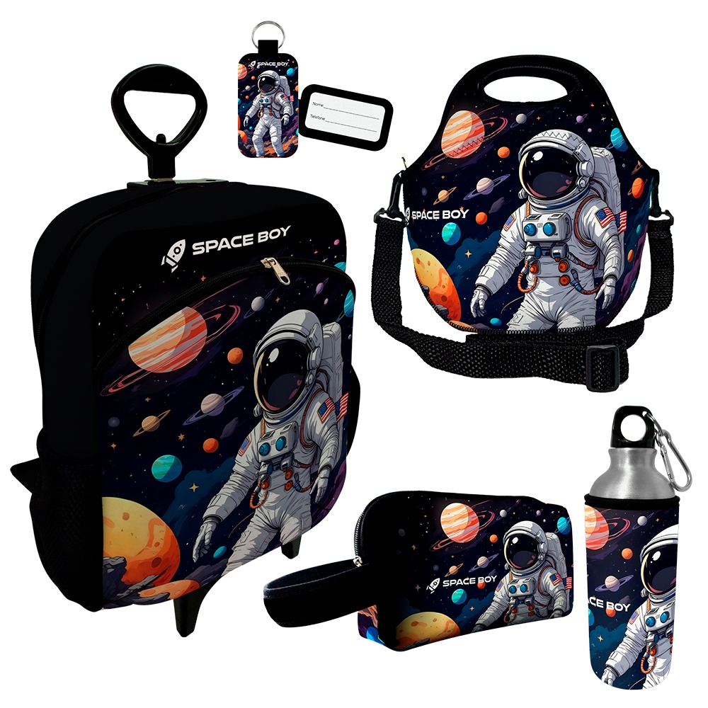 Kit Mochila Escolar Infantil Carrinho Rodinhas Lancheira Com Alça Estojo + Squeeze Menino Menina