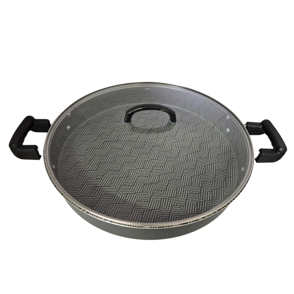 Tacho Panela Grande Disco de Arado Alumínio Antiaderente 40cm Com Tampa De Vidro Cor Preto