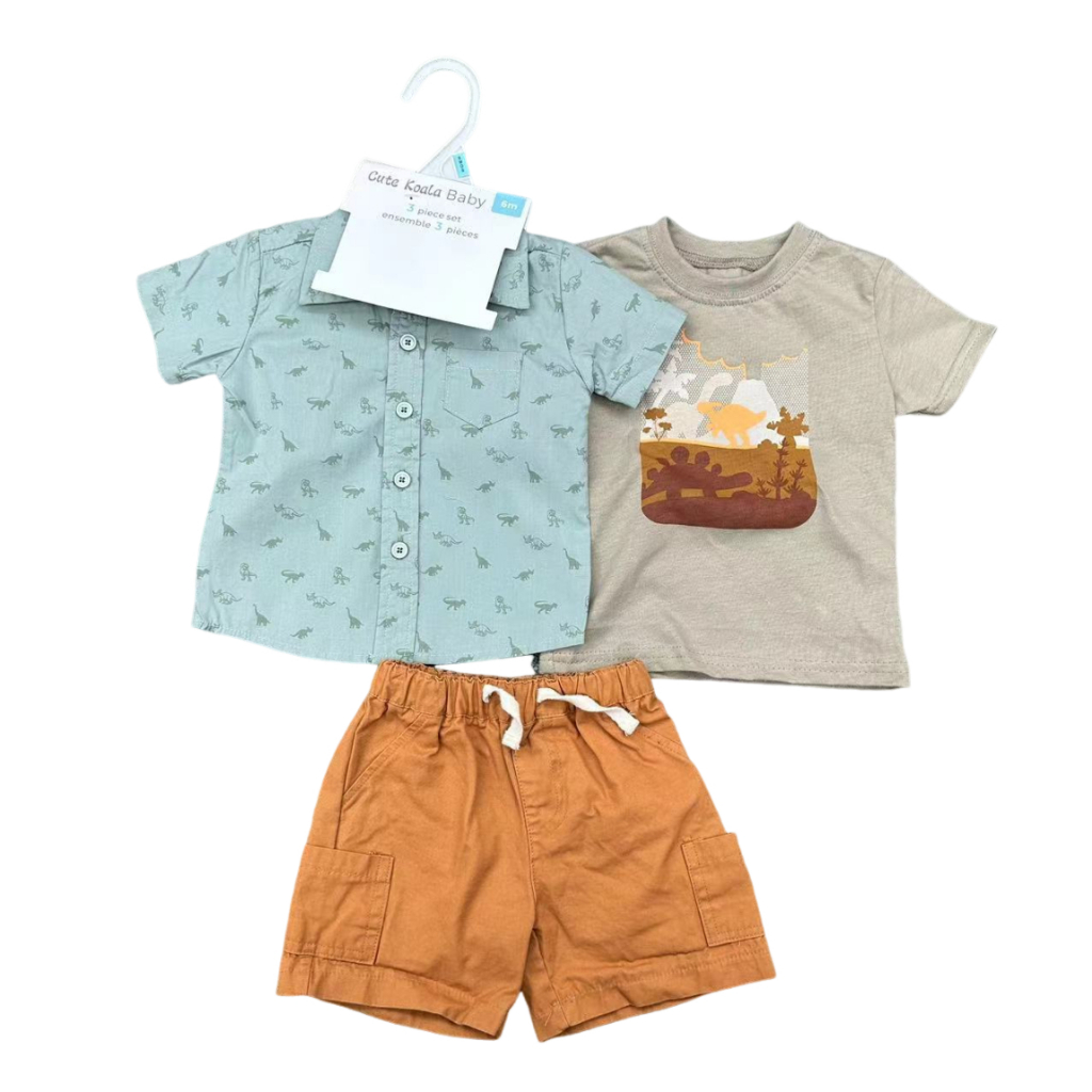 KIT Conjunto 3 Peças Camisa Social Azul Estampa Dinossauro Manga Curta +Short Marrom+ Camiseta Bebe Menino Masculino