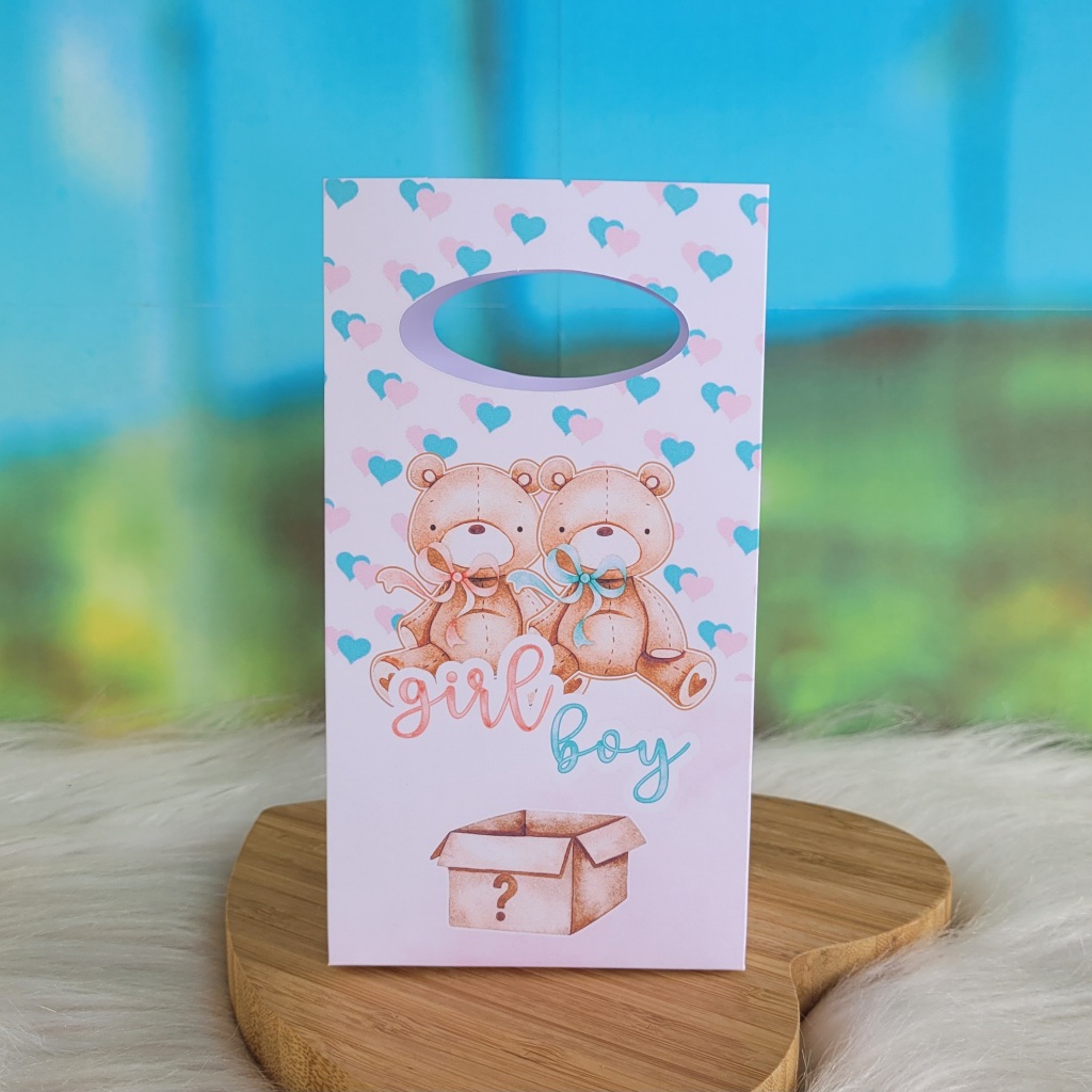 PEGUE E MONTE - Sacolinha Surpresa Personalizada CHÁ REVELAÇÃO AZUL E ROSA URSINHOS - Lembrancinha para festa