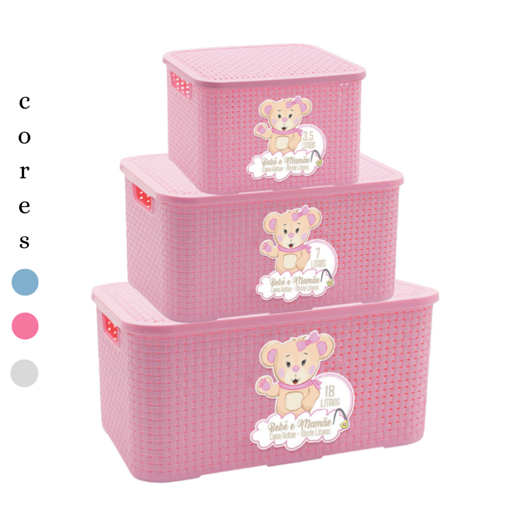 Caixa Organizadora Bebê Com Tampa Cesto Rattan 7 Litros Alta Vedação - Azul, Rosa e Branco