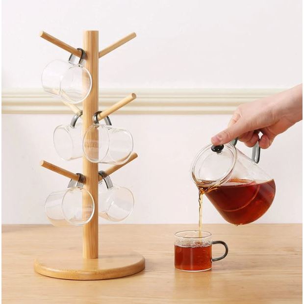 Porta Xicara Caneca Organizador Pendurar Caneca Em Bambu 6 Ganchos Guardar Xicara