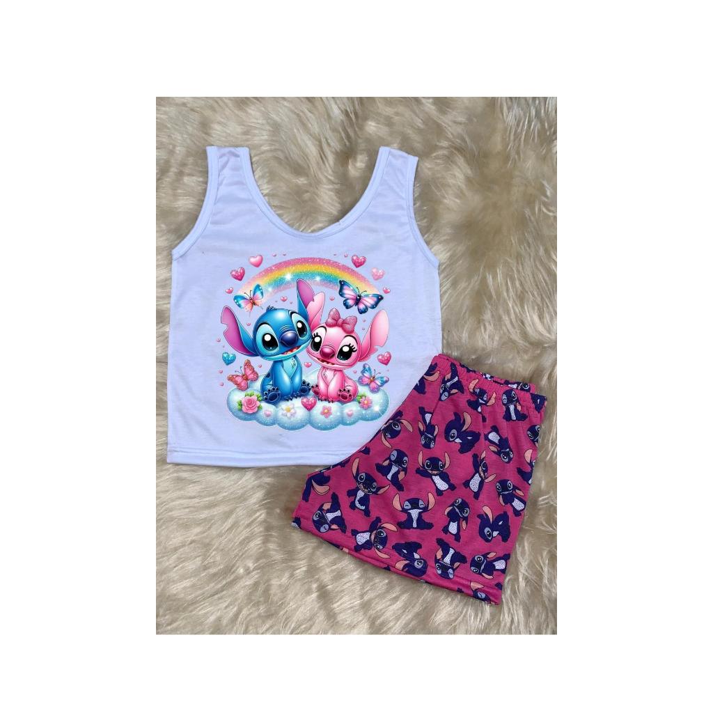 Pijama baby doll infantil regata camiseta stitch e estampas variadas