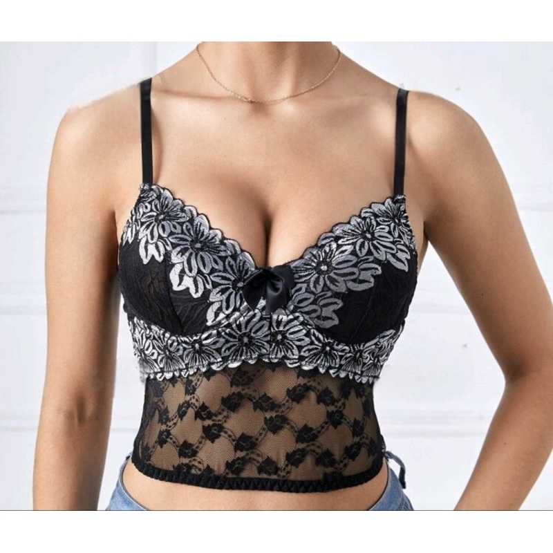 Sutiã Feminino Cropped Tule E Renda Cor Preto