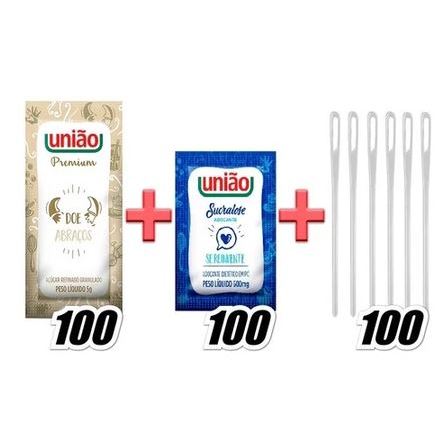 KIT 100 SACHES de  AÇUCAR, 100 SACHES de ADOÇANTE UNIÃO e 100 MEXEDORES em Oferta na Shopee