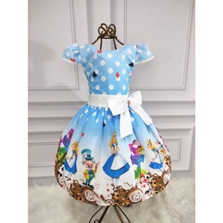 Vestido Menina Luxo Temático Manga Vies Alice Azul