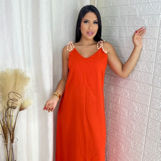 Vestido Feminino Longo Linho de Alça Elegante Soltinho Confortável em Oferta na Shopee