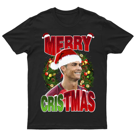 Camiseta de Natal Cristiano Ronaldo Merry Christmas Camisa Natalina Unissex 100% Algodão 2024