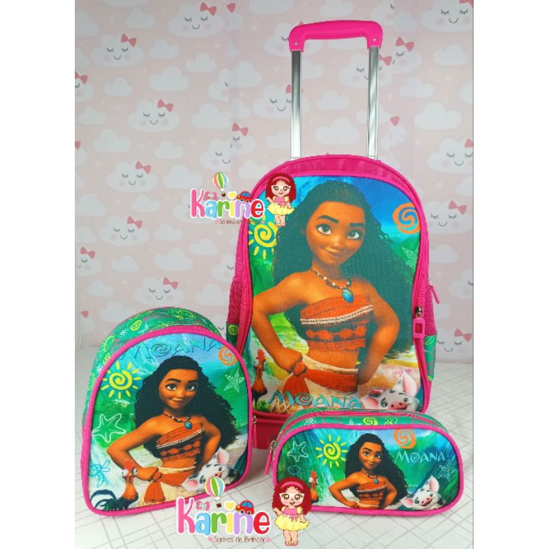 KIT MOCHILA ESCOLAR INFANTIL MOANA COM RODINHAS/ MOCHILA LANCHEIRA TÉRMICA ESTOJO/MOCHILA PARA MENINA/MOCHILA MOANA