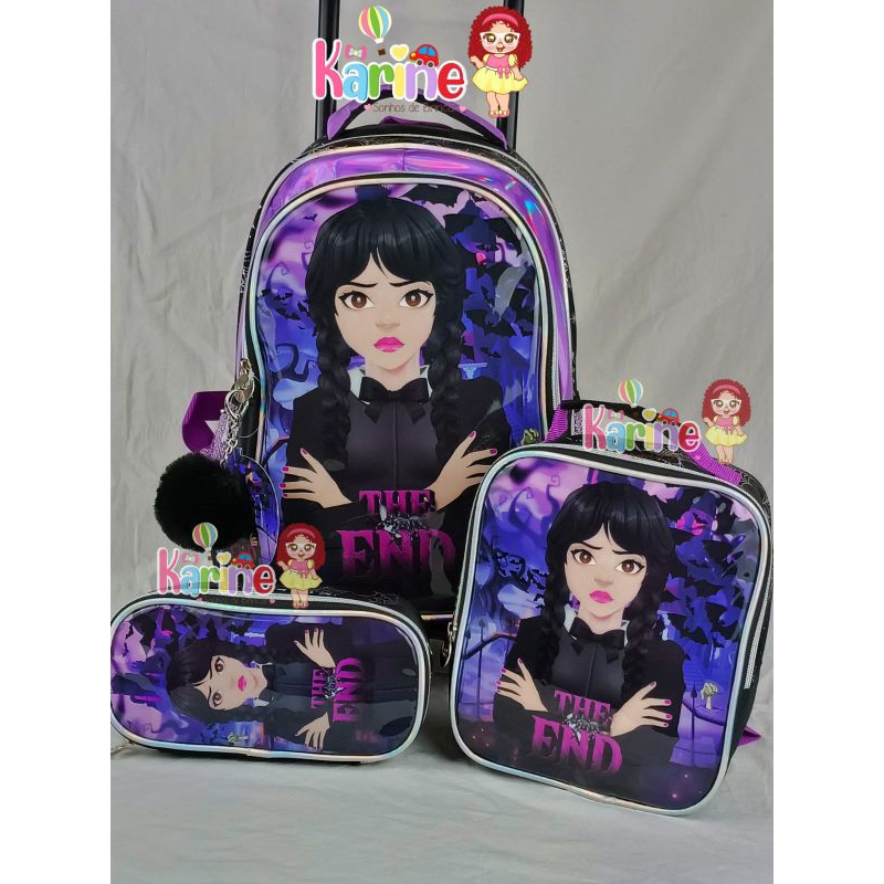KIT MOCHILA ESCOLAR INFANTIL WANDINHA COM RODINHAS/ MOCHILA LANCHEIRA TÉRMICA ESTOJO/MOCHILA PARA MENINA/WANDINHA DENLEX
