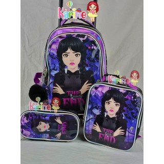 KIT MOCHILA ESCOLAR INFANTIL WANDINHA COM RODINHAS/ MOCHILA LANCHEIRA TÉRMICA ESTOJO/MOCHILA PARA MENINA/WANDINHA DENLEX