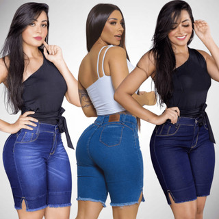 Bermuda Short Feminina Jeans Alfaiataria Confortável Ciclista Cós Cintura Alta com Lycra para Trabalho Preta Comprido