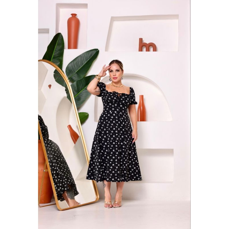 Vestido Femenino Midi Estampa Floral, con Bojo e Manga Bufante, Conforto e Elegancia em Oferta na Shopee